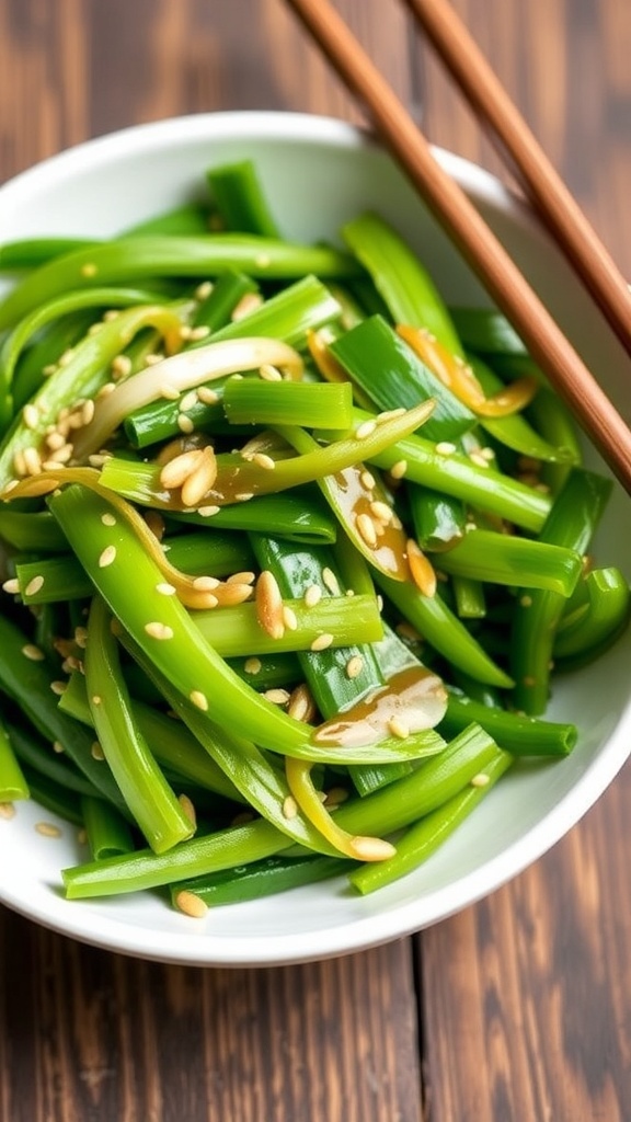 A colorful bowl of onion leaf stir-fry with garlic and sesame seeds on a wooden table.